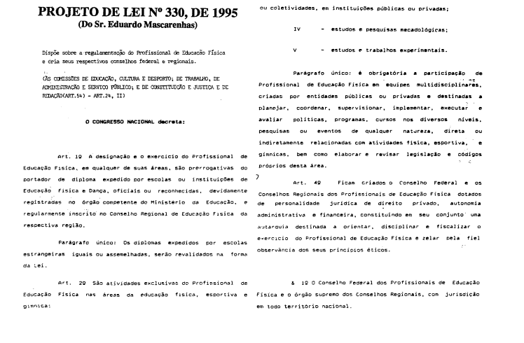 PL 330/1995 Dispõe sobre a regulamentação do profissional de Educação Física e cria seus respectivos Conselhos Federal e Regionais.